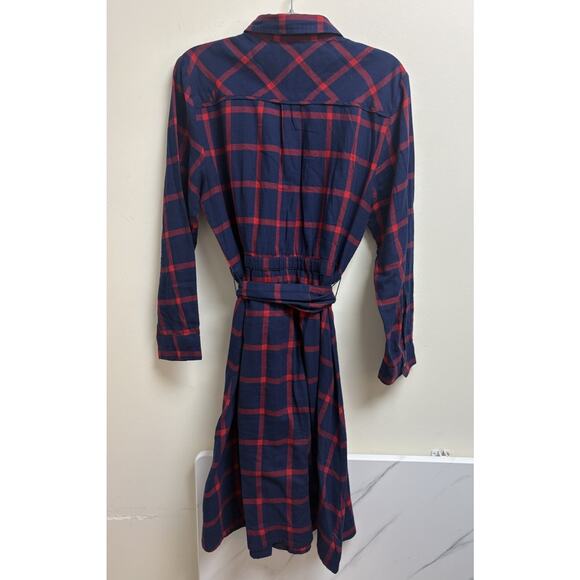 J Crew Plaid Shirt Dress Navy Red Belted Button Front Cotton Size 8 - Picture 2 of 8